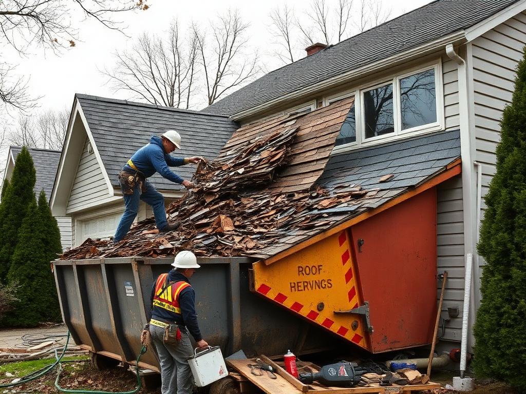 Storm damage roof repair tear-off in progress on a residential home