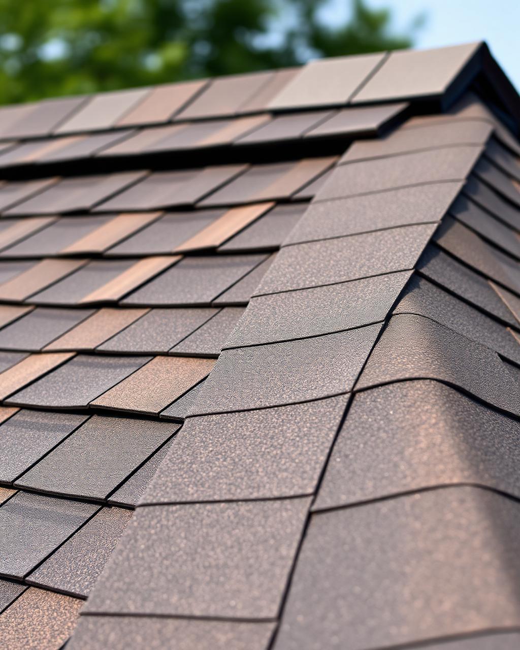 Close-up of new ridge cap shingles installed by our roofing company
