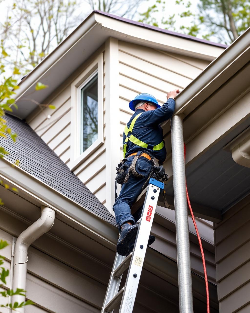 Veteran owned roofer inspecting gutters and roof edge